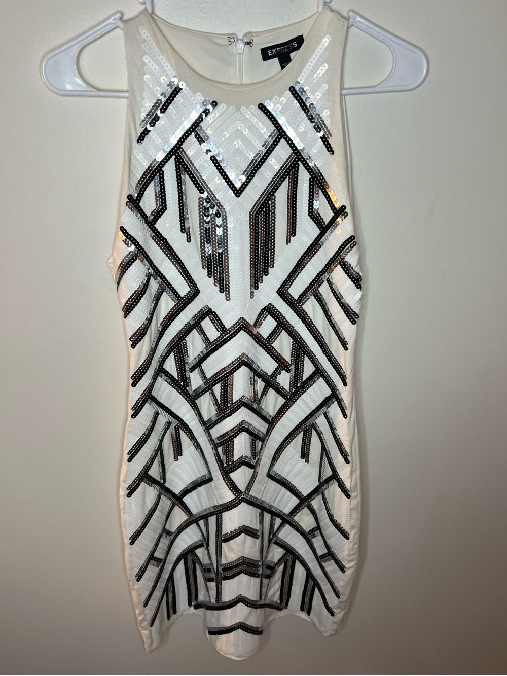 Express White Mini Dress with Black and Silver Sequin Geometric Pattern